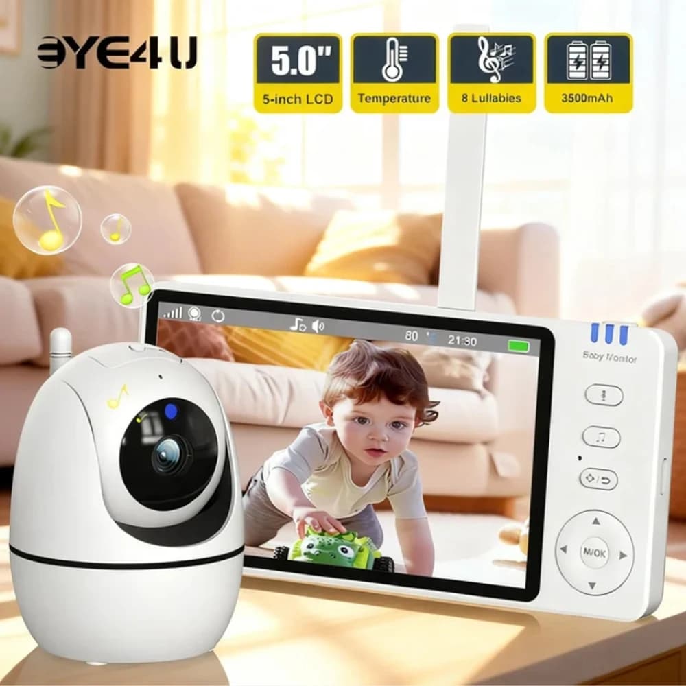 5-Zoll-Video-Babyphone mit Kamera, PTZ-Zoom, Babyphone-Kamera, Sicherheitsschutz, Überwachungskameras, Temperatursensor, Schlaflied