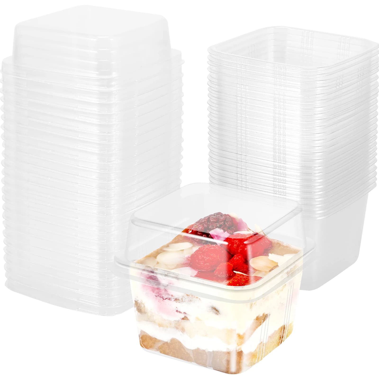 50 Stück Kunststoff-Dessertbecher, 8 Unzen, durchsichtig, quadratisch, einzelne Dessertbox, versiegelte Kuchen-Aufbewahrungsbox für Muffins,