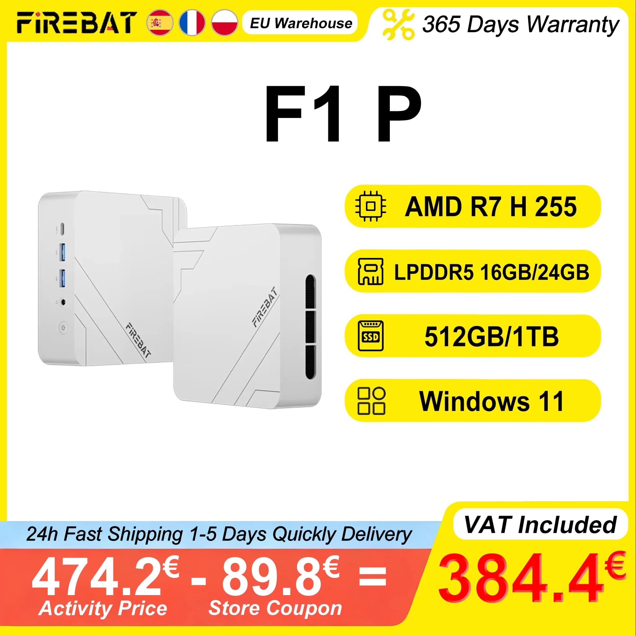 FIREBAT F1 P Mini-PC 16GB/24GB LPDDR5 5600MHz 512GB/1TB SSD AMD Ryzen 7 H 255 Win11 Pro Wi-Fi 6 BT5.2 USB4.0 Gaming Desktop Mini-Computer