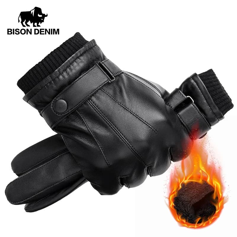 BISON DENIM Männer Echte Schaffell Leder Handschuhe Herbst Winter Warm Touch Screen Voll Finger Schwarz Handschuhe Hohe Qualität S019