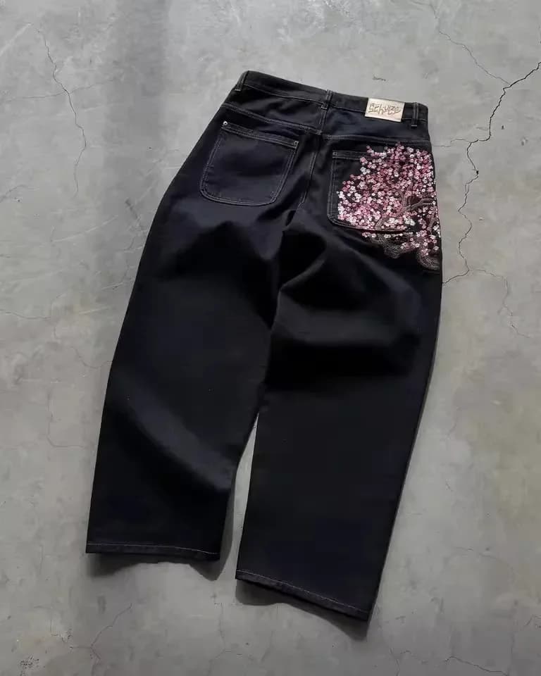 Vintage Low Waist Hip Hop Kirschblüten bestickte Jeans weites Bein Hose Y2K Kleidung Herren Damen bestickte Baggy-Jeans