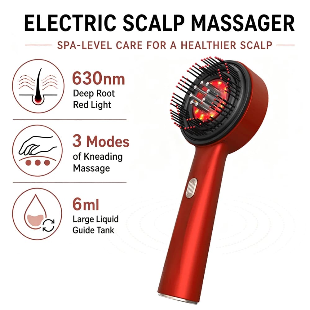 Massagekamm für Kopfhaut zur Entspannung, 630nm Rotlichtlampe, 3 Knetmodi, Wiederaufladbar, Pflegewerkzeug für Zuhause
