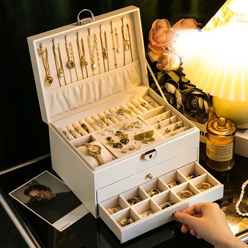 VANSIHO Klassische, luxuriöse, multifunktionale Schmuckschatulle, großes Fassungsvermögen, PU-Leder, Schmuckaufbewahrungsbox, Ohrring- und