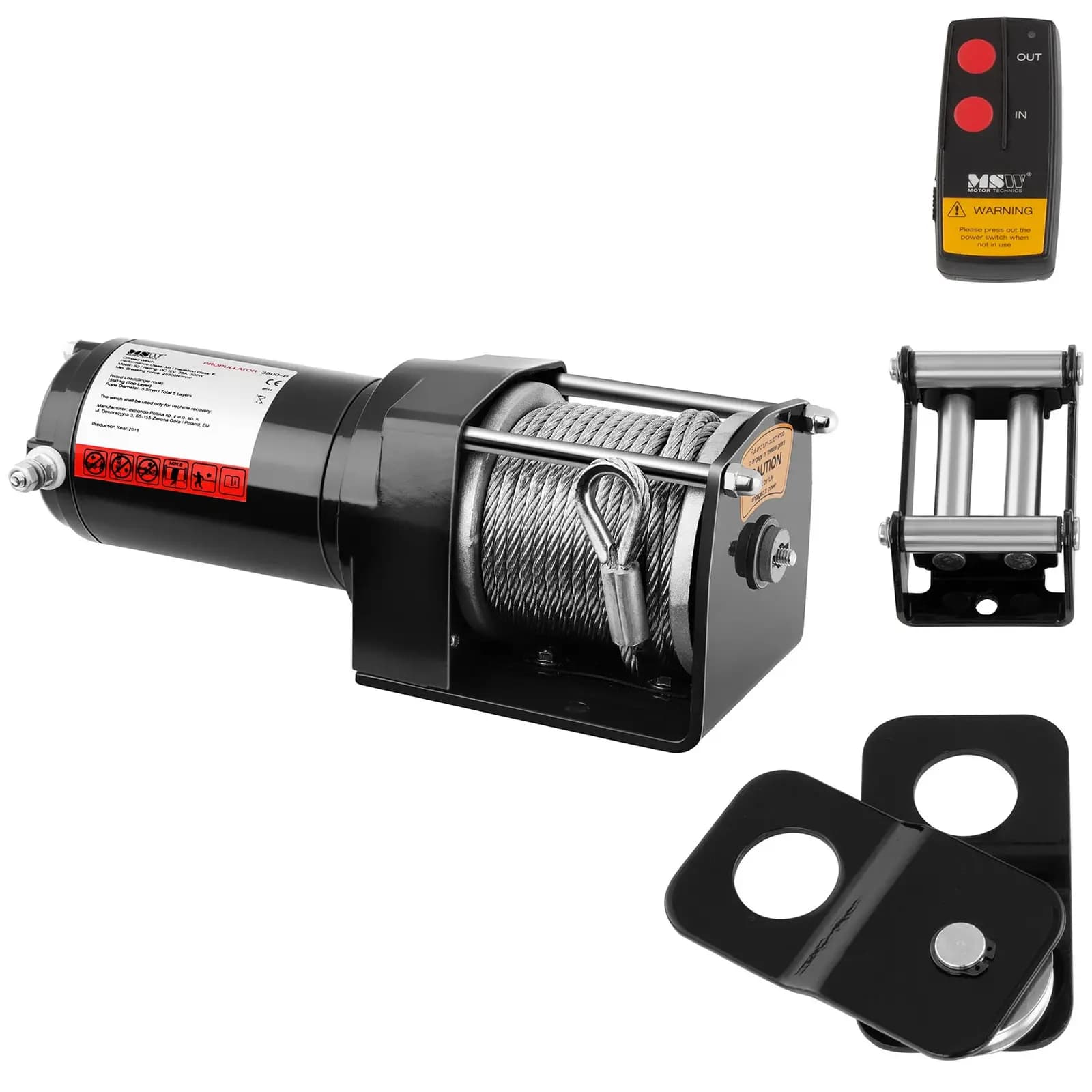 Offroad-seilwinde 1.590 kg 3.500 lbs 12 V 12 m Stahlseil Inkl. Umlenkrolle - Seilwinden 12V by MSW