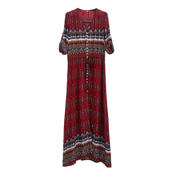 Langes Damenkleid mit Muster weinrot M