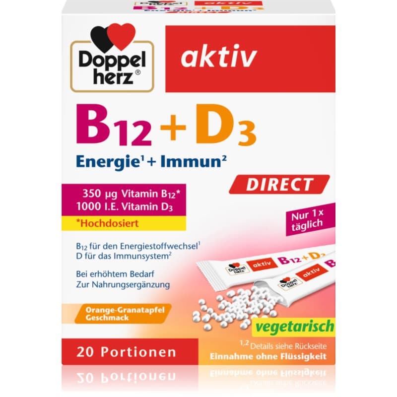 Doppelherz B12 + D3 Sackerl zur Unterstützung des Immunsystems Geschmack Orange-Pomegranate 38 g