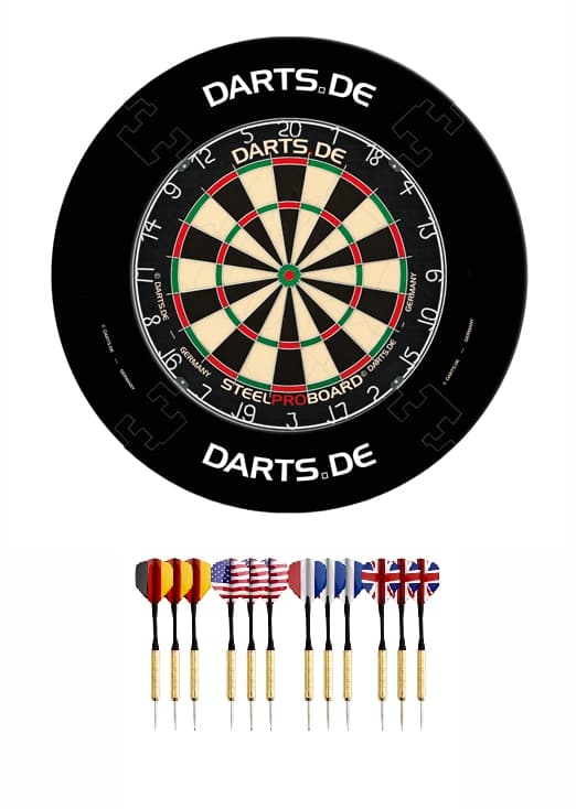 Darts.de Set - Dartscheibe (Dartboard) mit 12 Dartpfeilen und Auffangring