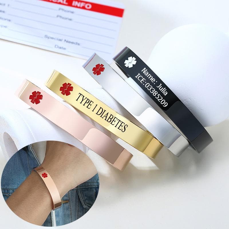 Medizinische Alarm-Handgelenkbandagen Passen Sie TYP 1 DIABETES SOS Offene Armreifen Edelstahl Damen Mann Personalisierter Schmuck rose gold