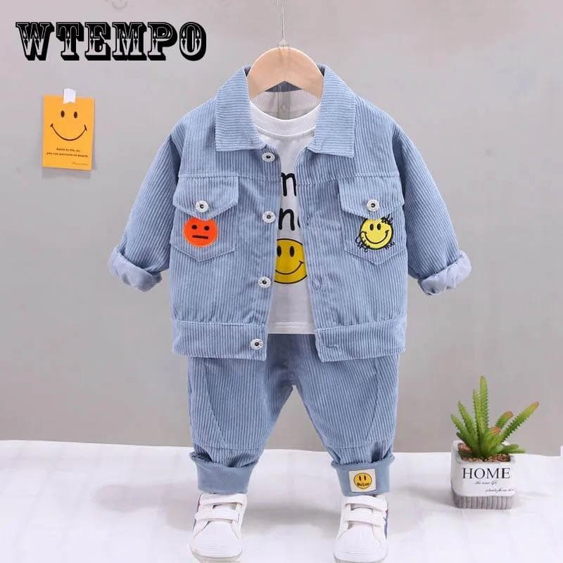 Jungen-Frühlings- und Herbstanzüge, Baby-dünnes dreiteiliges Set, Druck, Kontrastfarben-Design, Smiley-Muster, langärmelige Jacke, Oberteil, Hose,