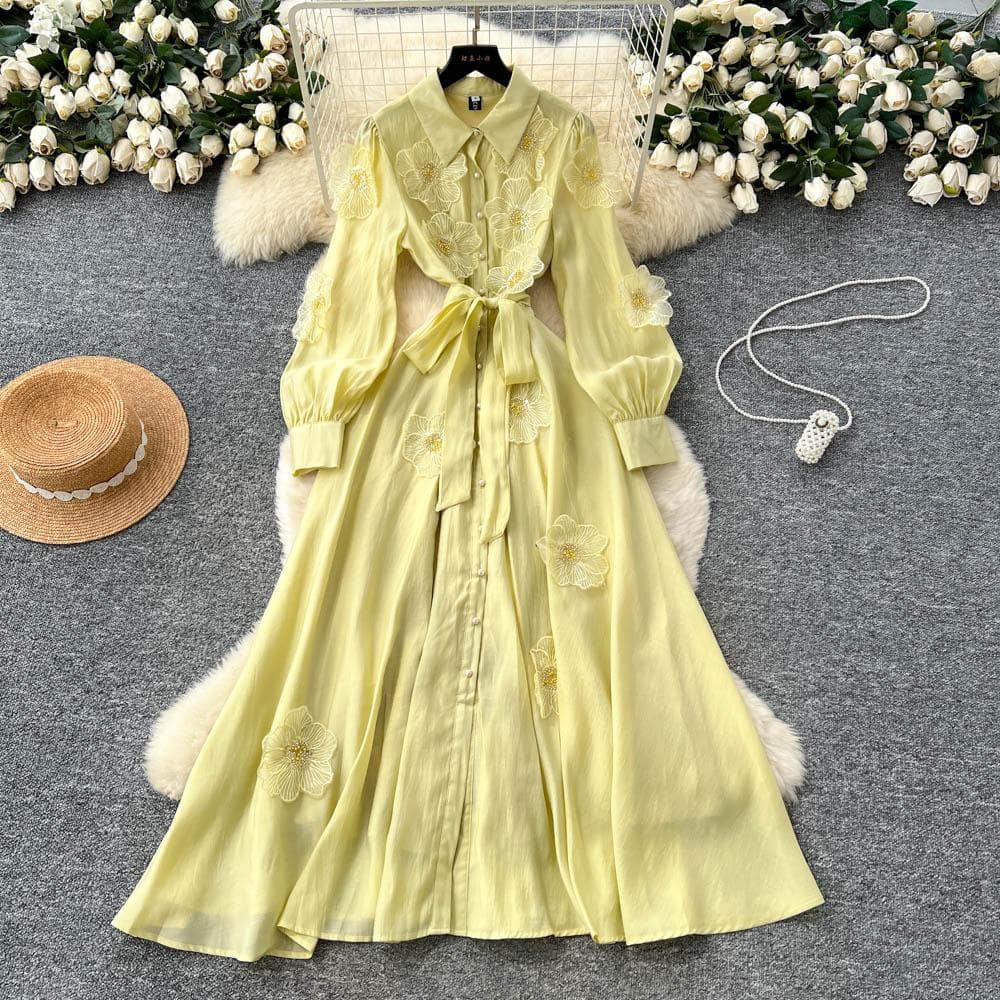 Schickes Vintage Dreidimensionales Einreihiges Schlankes Elegantes Feenhaftes Koreanische Mode Boho Damenbekleidung Langes Kleid cm weiß