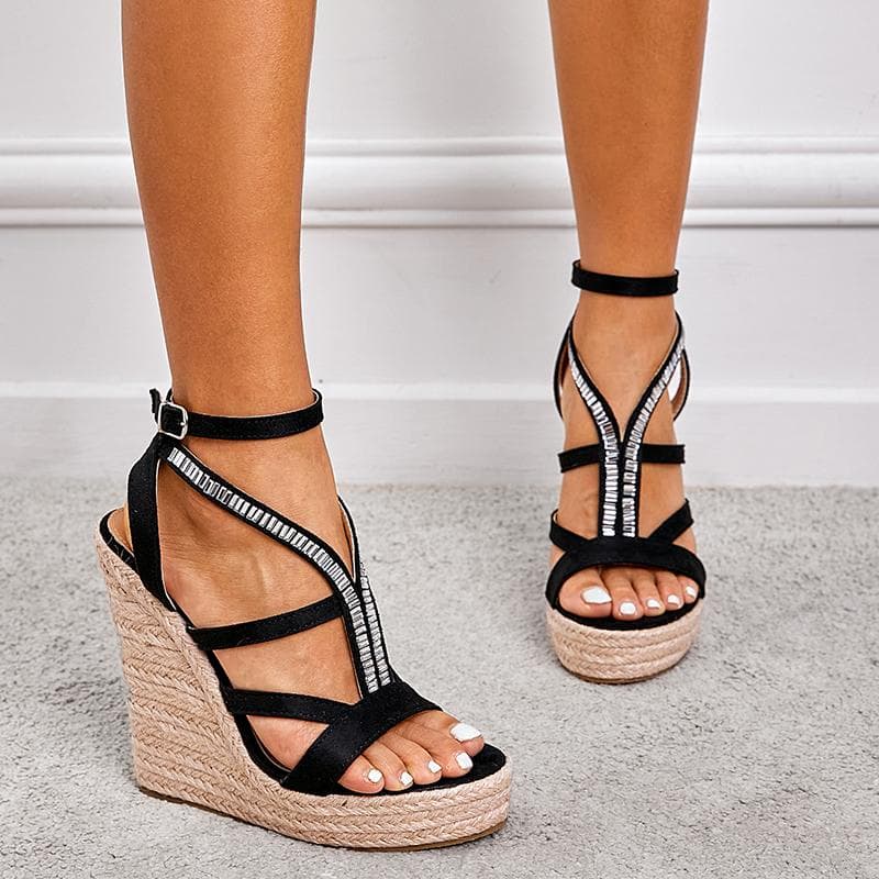 Frauen Keil rutschfeste Sandalen Weibliche Plattform Strass High Heel Sandalen Mode Haspe Offene spitze Damen Schuhe Große Größe 35 ~ 42 cm braun