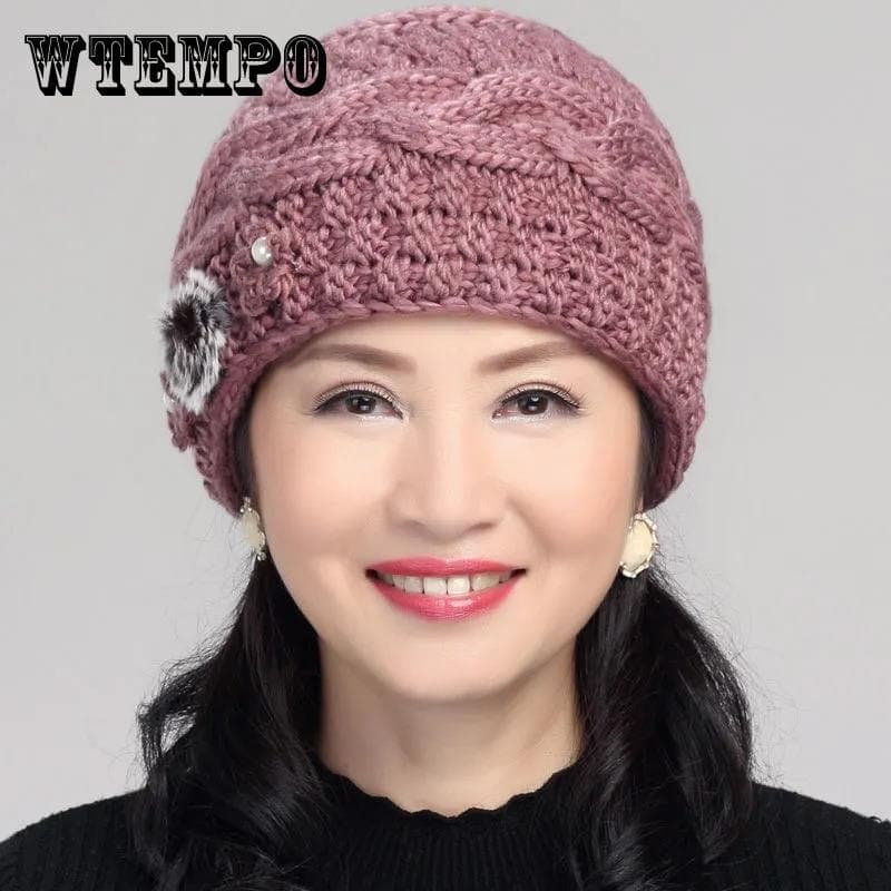 Wintermütze für Damen mittleren Alters und ältere Menschen, plus Samt, warme Oma-Baumwollmütze, Wintermutter, gestrickte Wollmütze, alte