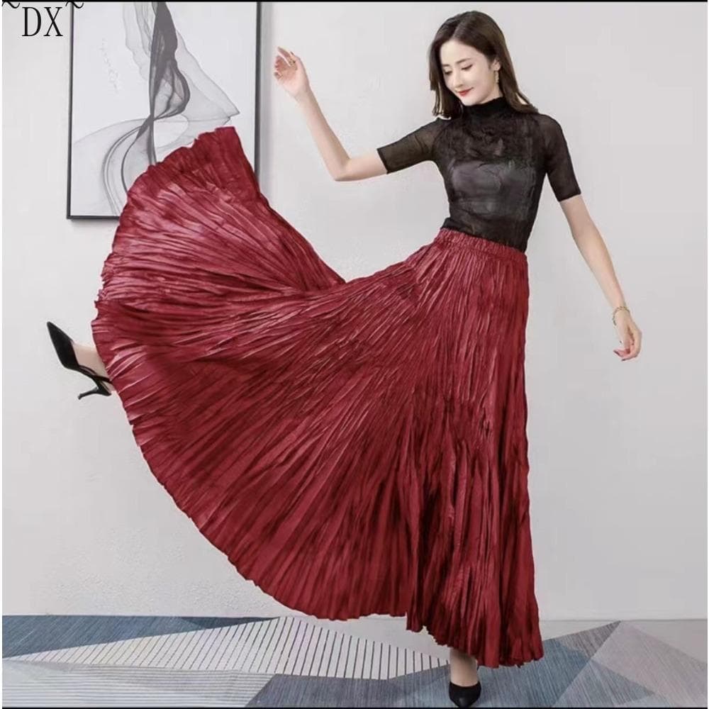 DX~~Neuer länglicher Faltenrock, modischer langer Damenrock mit hoher Taille, fließend und drapiert, übergroßer Saum cm rosa