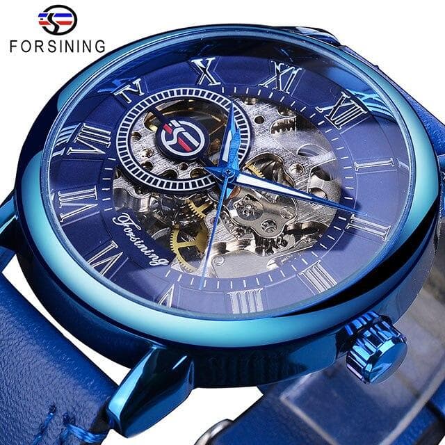 Forsining 3d Logo Design Hohl Gravur Schwarz Gold Fall Leder Skeleton Mechanische Uhren Männer Luxus Marke Heren Horloge blau