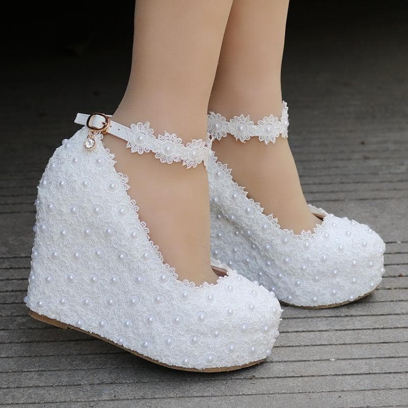 Frauen Wedges Schuhe Damen Plateau Heels Pumps Elegante Spitze Hochzeitsschuhe für Frau cm weiß
