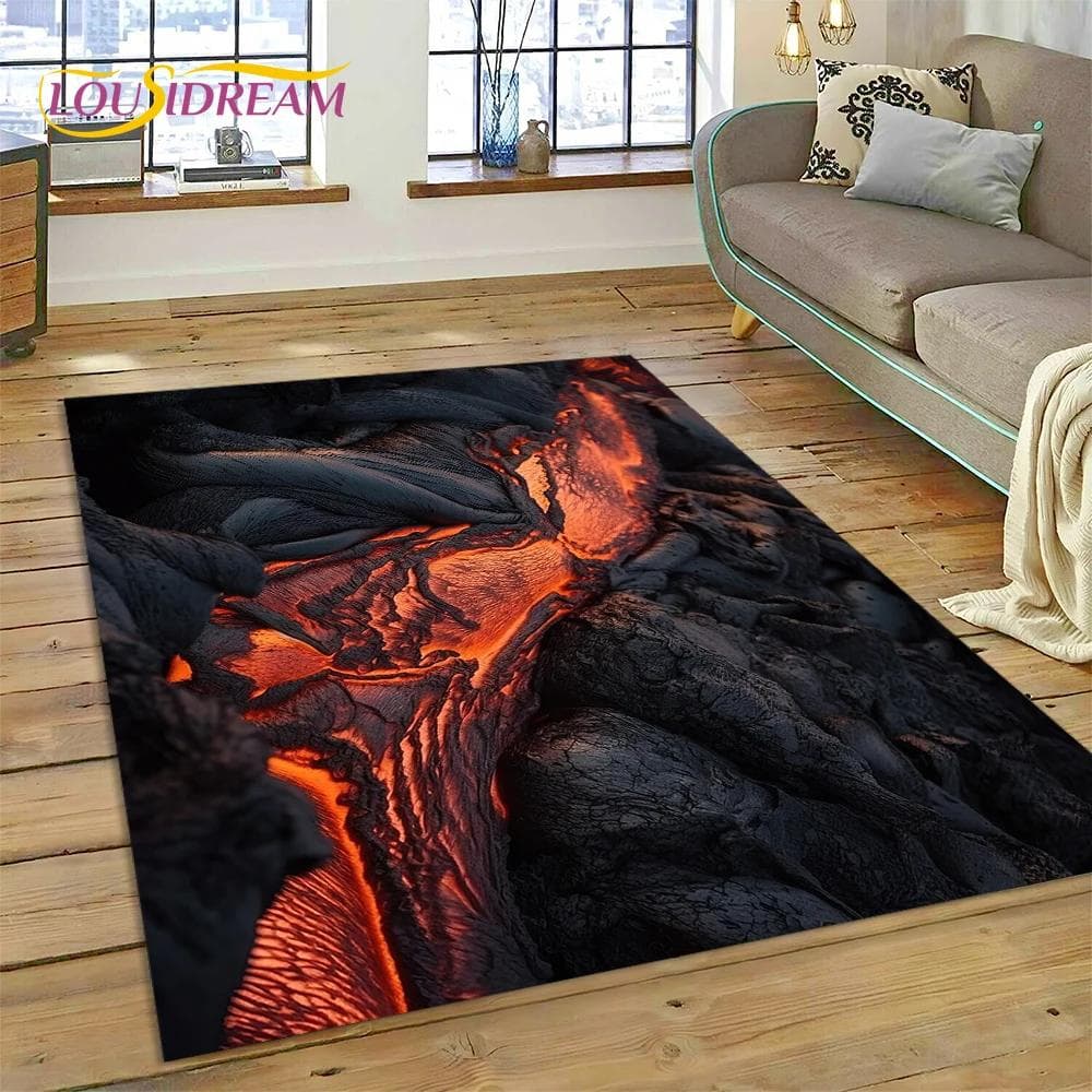Vulkan 3D Lava Magma Teppich für Wohnzimmer Schlafzimmer Heimdekoration, Bodenmatte Rutschfeste Dekoration für Sofa Küche Fußmatte Geschenk