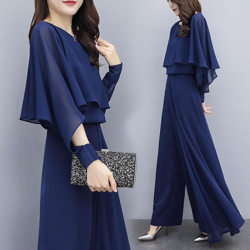 Zweiteilige Chiffon-Hose, große Größe, Altersreduzierung und Dünnheit, drapierter Hosenanzug mit weitem Bein, eleganter und temperamentvoller