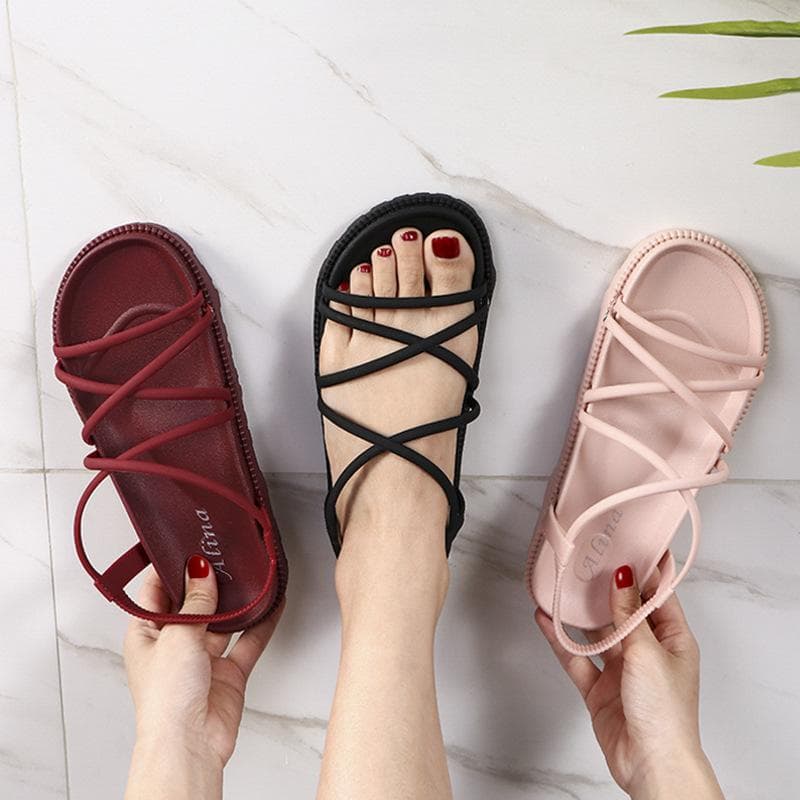 Sandalen für Damen, lässig, für den Alltag, Studenten, dicke Sohle, flach, römische Strandschuhe cm wein rot