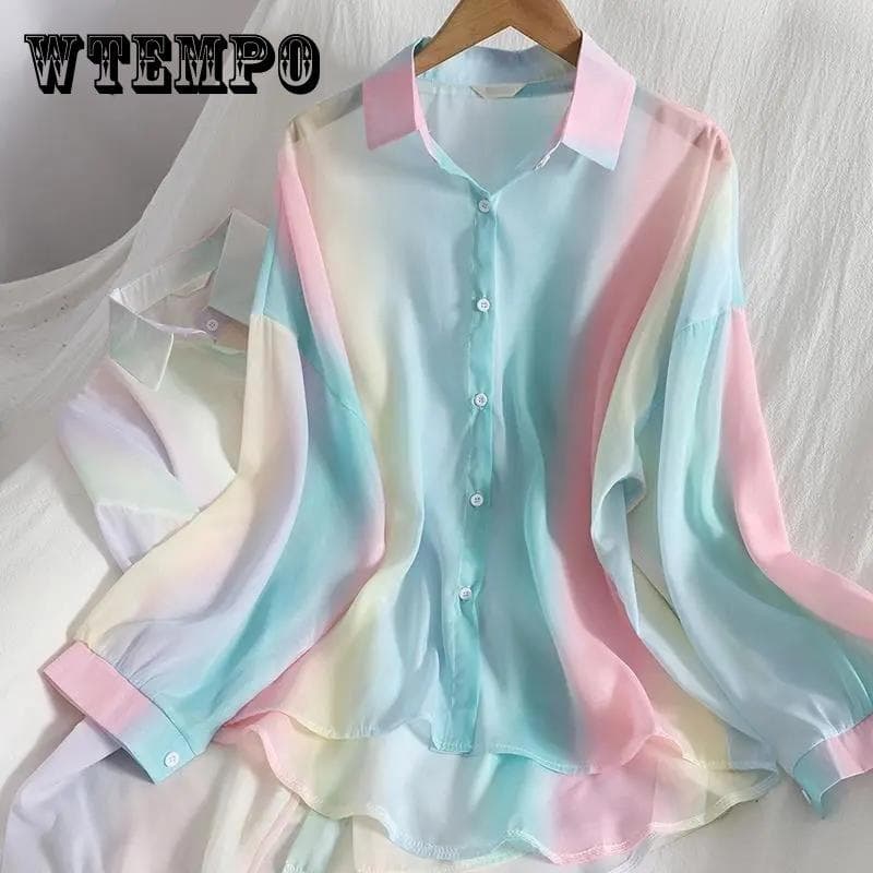 Mittellanges Chiffon-Hemd, Regenbogenfarbenes Hemd mit Knöpfen, Altersreduzierung, süßes Sommerkleid, sanftes und vielseitiges koreanisches