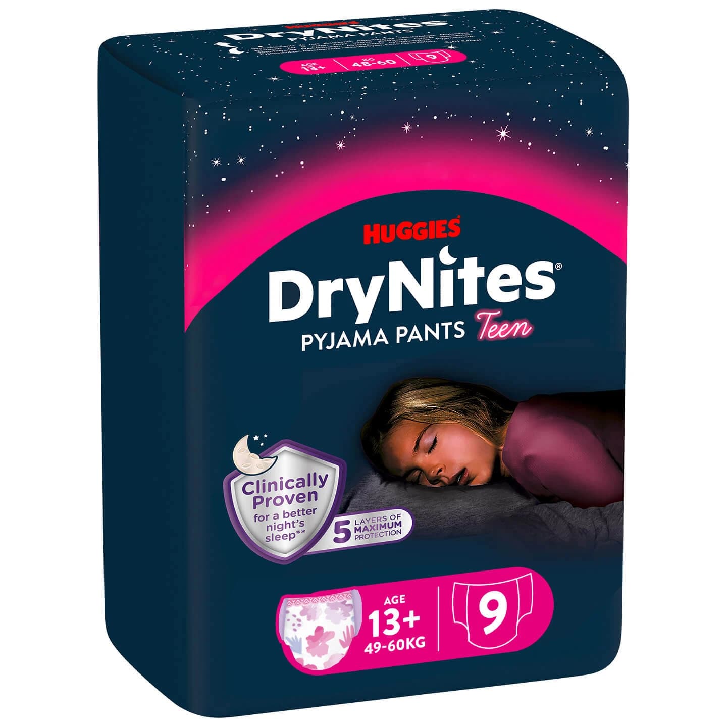 Nachtwindeln DryNites, 49-60 kg, 13 Jahre+, Mädchen, 9 Stück, Huggies