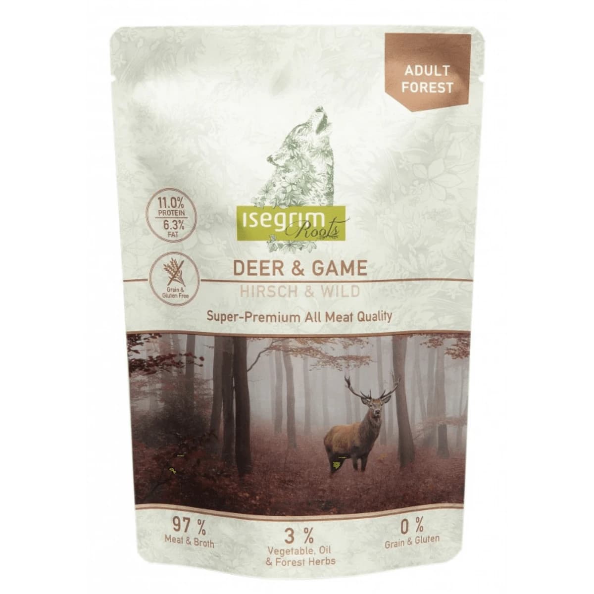 ISEGRIM, XS-XL, Hirsch und Reh, Beutel getreidefreies Nassfutter für Hunde, (in Sauce), 410g