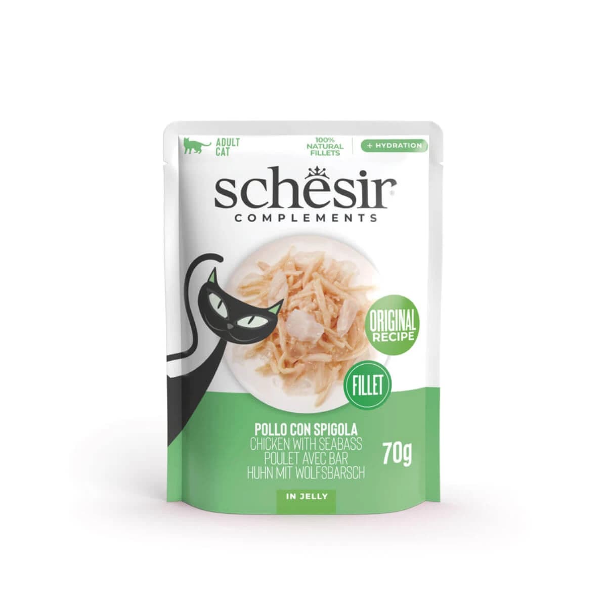 SCHESIR Complementary In Jelly, Huhn und Barsch, Beutel Katzenfutter, (in Aspik), 70g