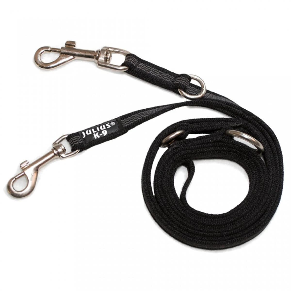 JULIUS-K9 Color & Gray, doppelt verstellbare Leine mit Leinengriff für Hunde, 2 Hunde, 50kg, Textil, Band, 20mm x 2,2m, schwarz