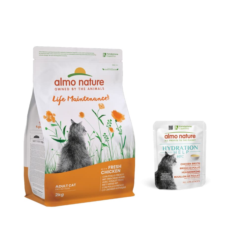 2 kg Almo Nature Functional + 6 x 50 g HFC Hydration Help gratis! -  Life Maintenance Huhn & Reis + 6 x 50 g Hühnerbrühe mit Hühnerfilet