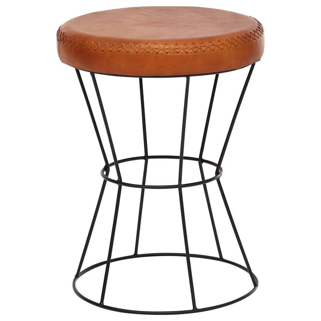 Mid.you , Braun , Leder , Echtleder , Ziegenleder , rund , 35x48x35 cm , Wohnzimmer, Hocker, Hocker