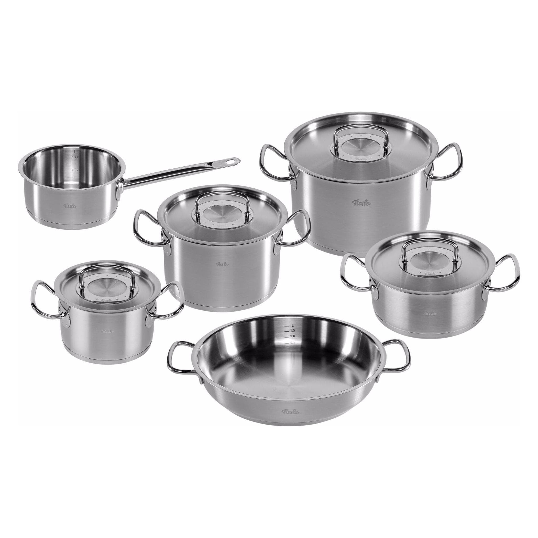 Fissler Topf-Set 5-tlg. + Servierpfanne, Pfanne + Kochtopf, Silber