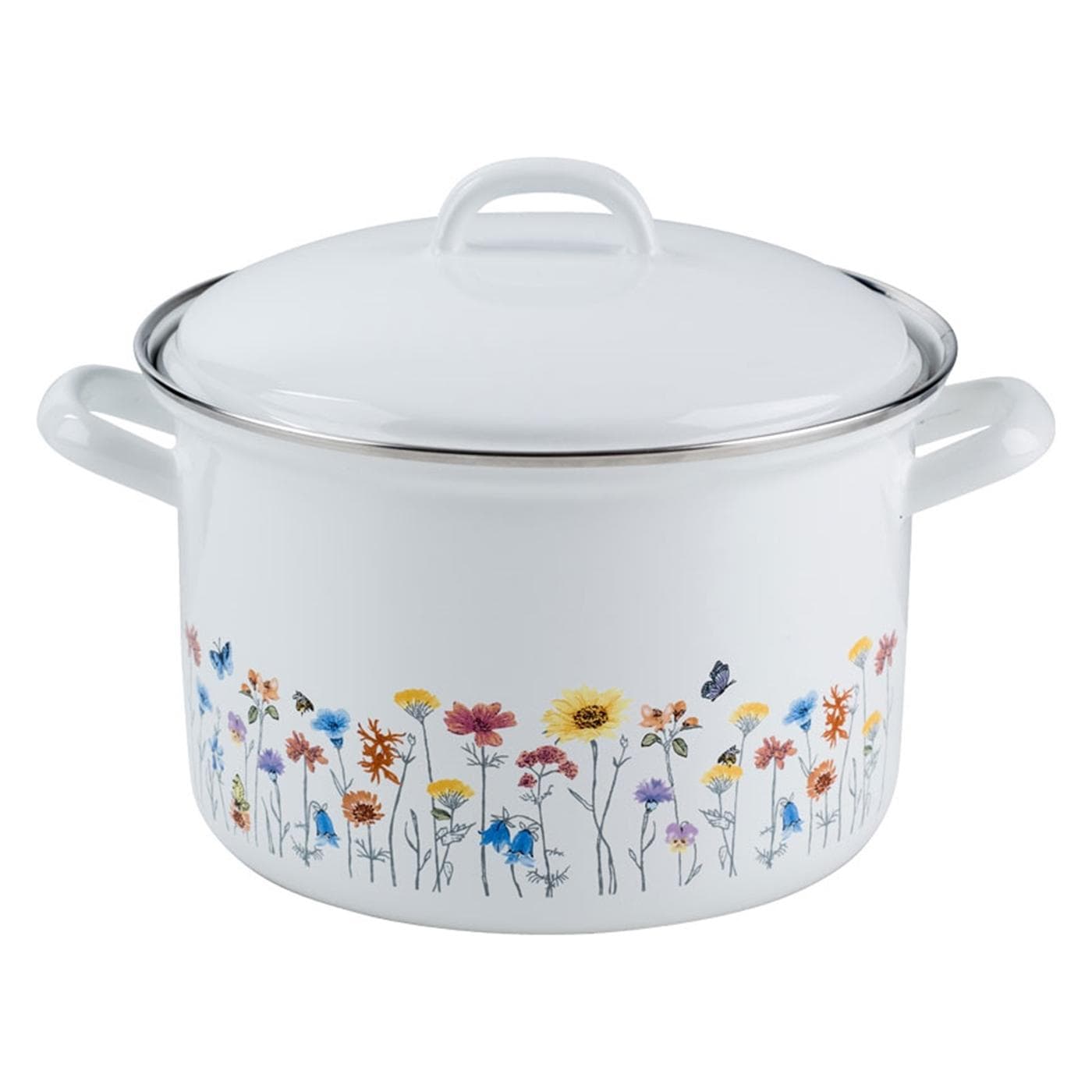 Kelomat Fleischtopf mit Deckel Ø20cm 3,5l Country Flora Emaille, Pfanne + Kochtopf, Weiss