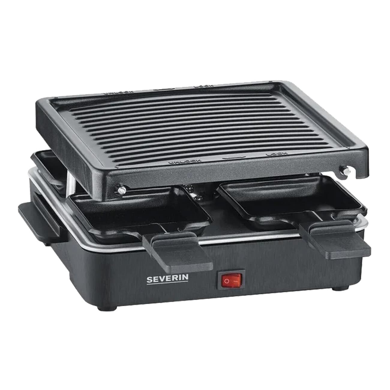 Severin RG 2370 schwarz | Raclette Grill | Antihaftbeschichtete Grillplatte | Kompaktes Design | 4 Pfännchen | Ein-Ausschalter mit Kontrollleuchte