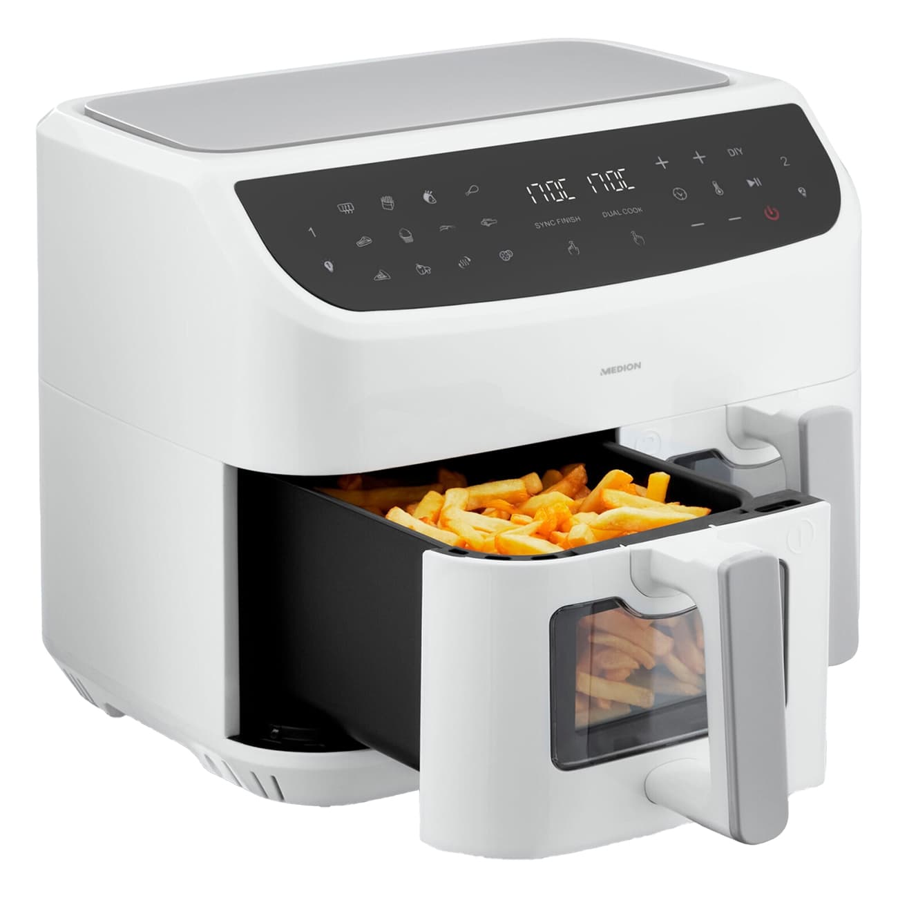 Medion LIFE P20 XXL Twin MD 11760 weiß | Heißluftfritteuse | 2 unabhängige Garzonen | Dual-Cook | 2600 Watt | 9 Automatikprogramme | Sichtfenster
