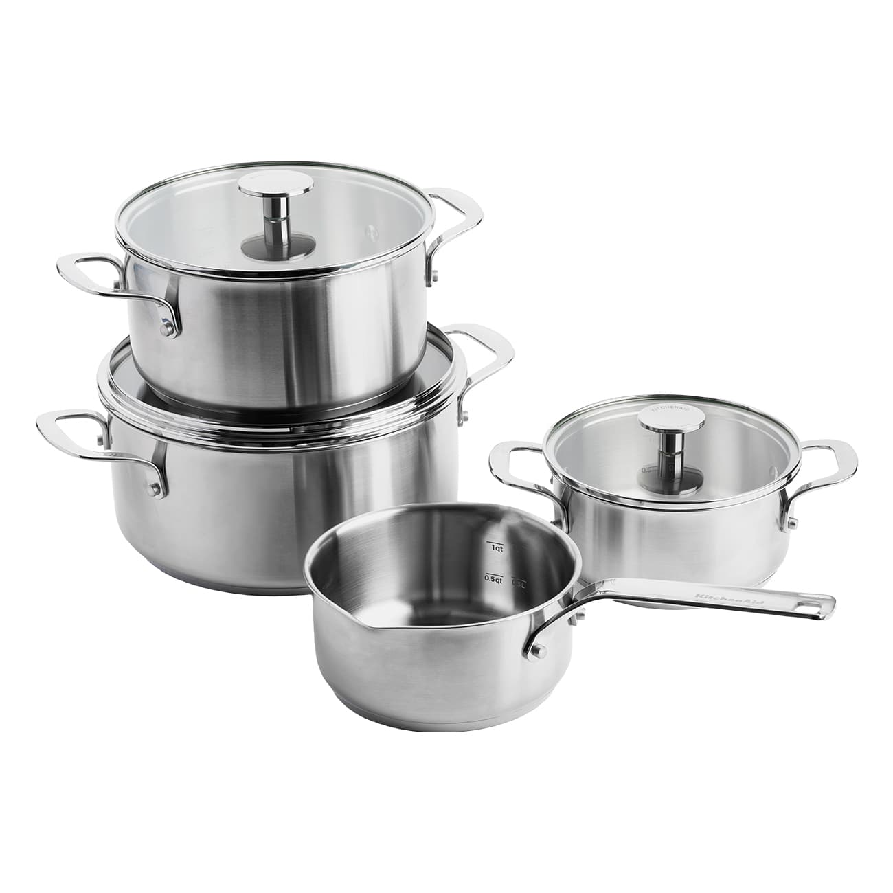KitchenAid Stainless Steel silber | 7-teiliges Topf-Set | Kochtopf mit Glasdeckel 16cm, 20cm, 24cm | Stielkasserolle 16cm | Antihaftbeschichtung