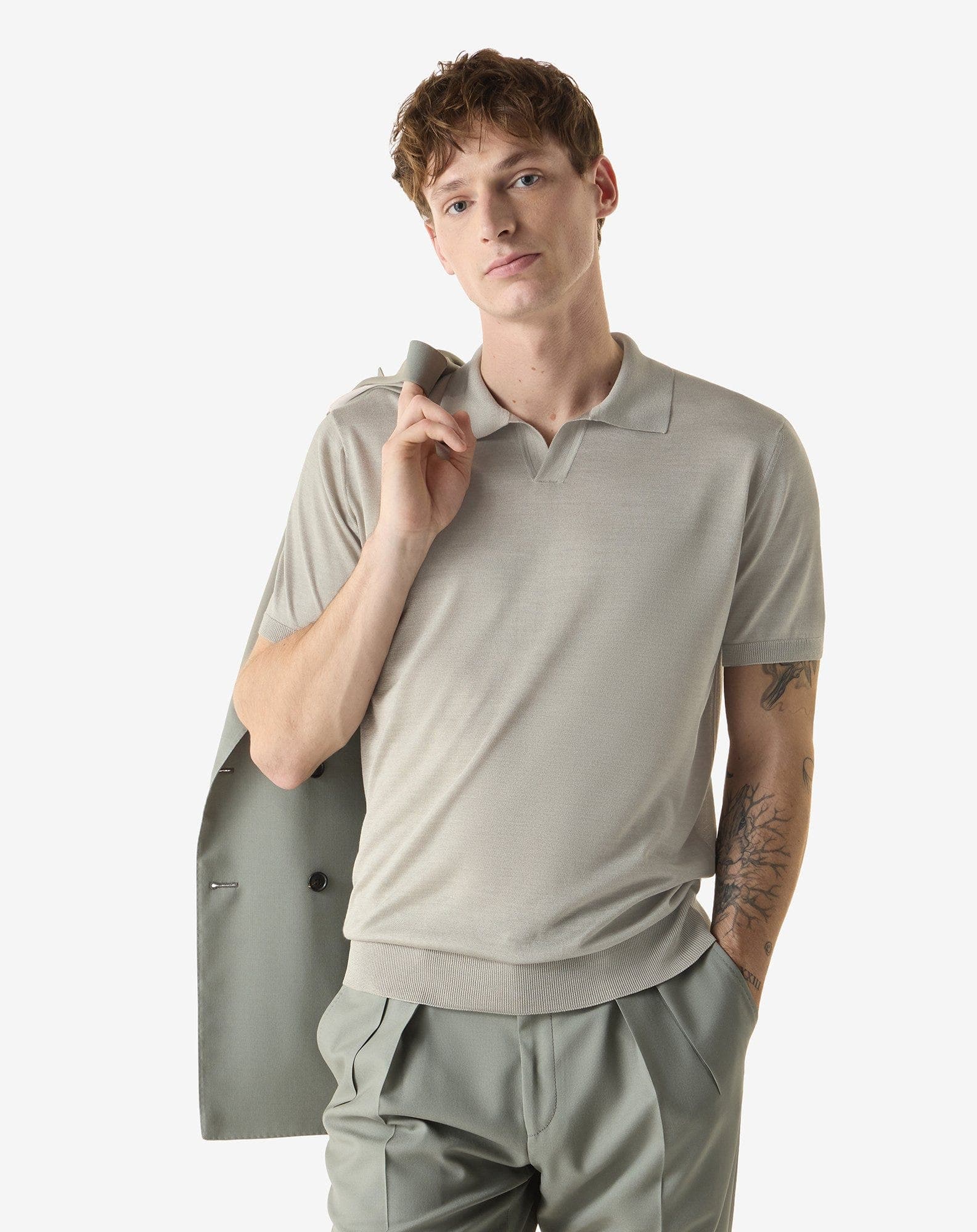 Grey buttonless pure silk polo shirt