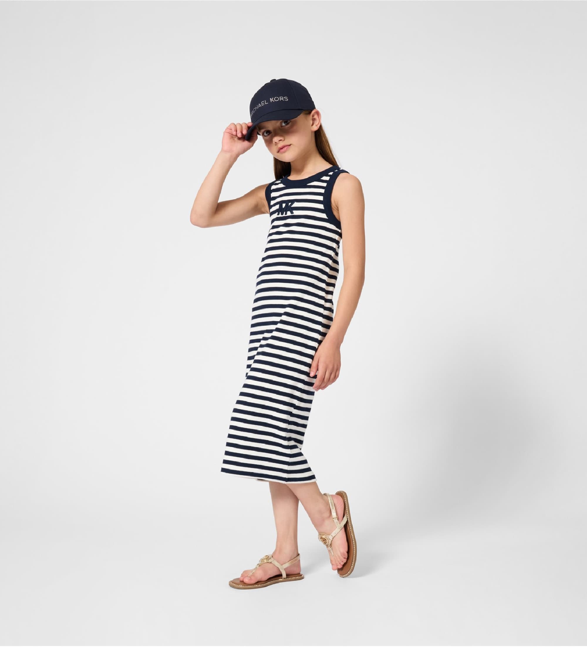 Michael Kors für Mädchen. R30640 Langes Kleid mit marineblauen Streifen (8Y= 126cm), Lässig, Baumwolle, Ärmellos / Hosenträger, Kinderbeklei