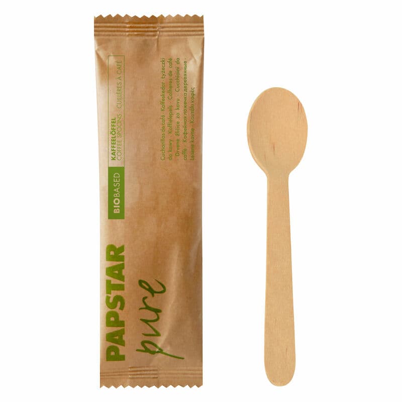 PAPSTAR Kaffeelöffel aus Holz 11 cm einzeln verpackt in Papierbeutel, 50 Stk.