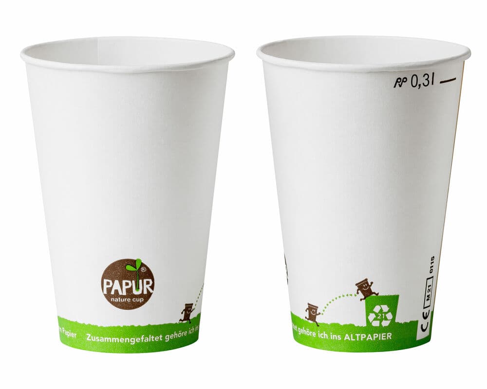 Bio Heissgetränkebecher Pappbecher PAPUR 80mm O mit Eichstrich 300 ml, 75 Stk.