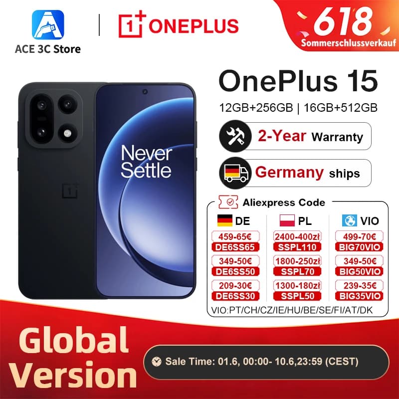 OnePlus 15 5G, Smartphone in globaler Version, 12+256, 16+512, Snapdragon 8 Elite Gen 5, 165-Hz-Display, 7300 mAh, 120 W, eSIM, NFC, Schwarz