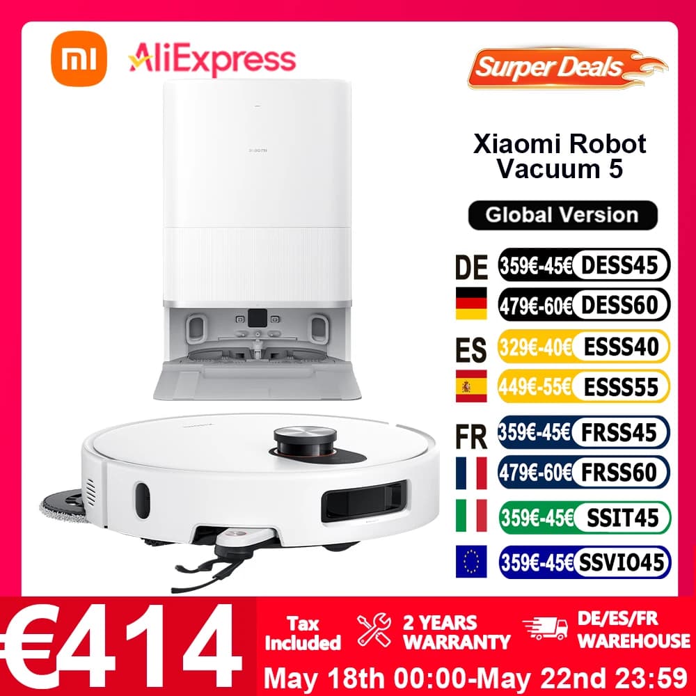 Globale Version Xiaomi Robot Vacuum 5 (X20+ Upgrade) mit intelligenter Sprachsteuerung, App-Steuerung, 20000Pa stärkster Xiaomi-Saugkraft,