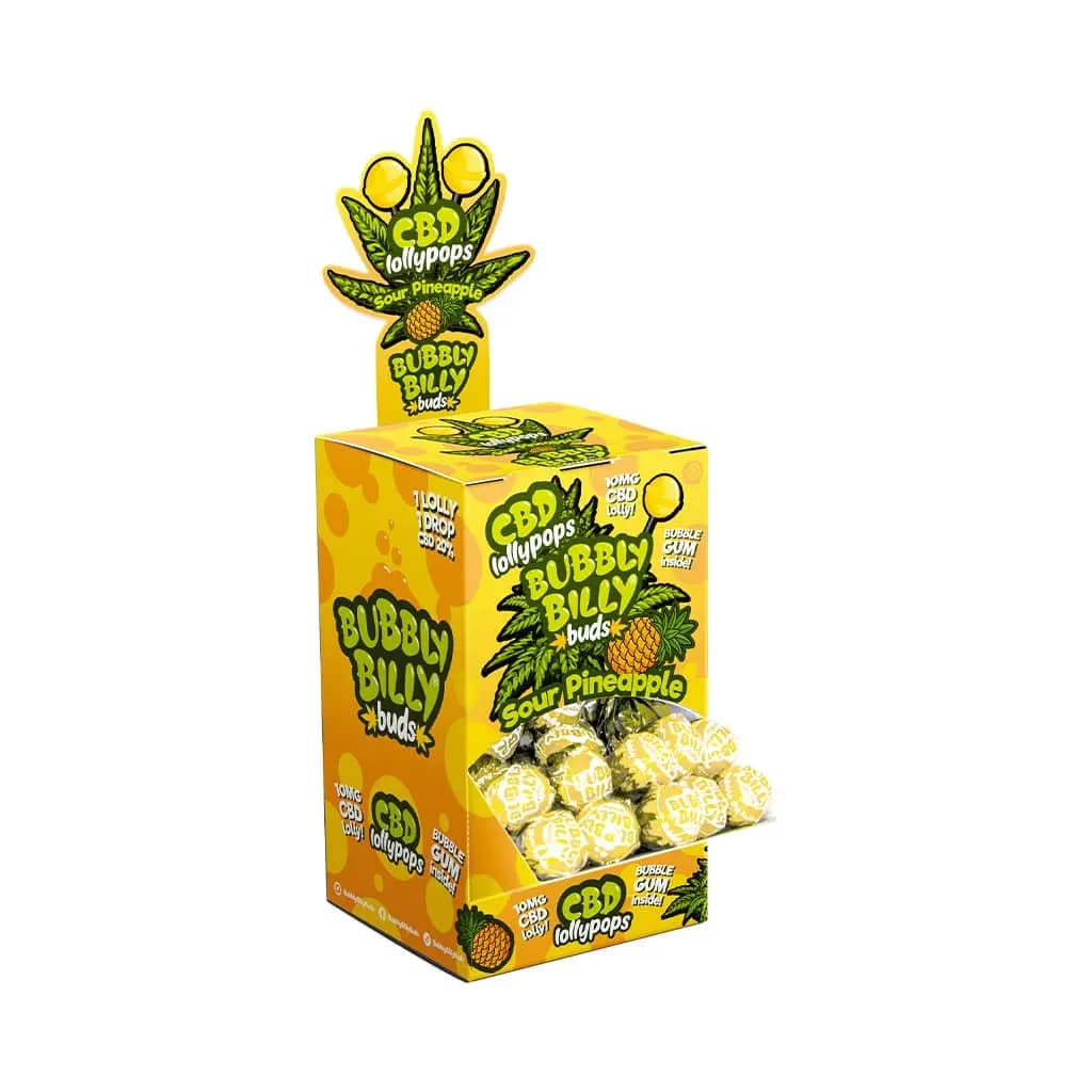 Bubbly Billy Buds 10 mg CBD Sour Pineapple Lollies – Displaybehälter (100 Lollies), 2000 g