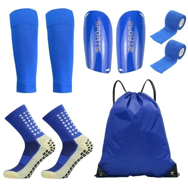 5er Set Fußball-Trainingssets für Damen und Herren, hohe Stutzen 39-45 EUR, Schienbeinschoner, Bandagen, Fußüberzug, Tasche blau
