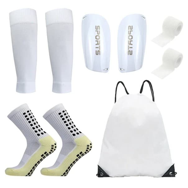5er Set Fußball-Trainingssets für Damen und Herren, hohe Stutzen 39-45 EUR, Schienbeinschoner, Bandagen, Fußüberzug, Tasche weiß