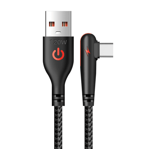 90-Grad-USB-C- und USB-A-Kabel, 2 m, schnelles Laden, 6 A, 120 W, langlebiger Anschluss, Ladekabel, Telefonzubehör schwarz