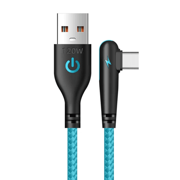 90-Grad-USB-C- und USB-A-Schnellladekabel, 1,5 m, Schnellladekabel, 6 A, 120 W, langlebiger Anschluss, Ladekabel, Telefonzubehör blau