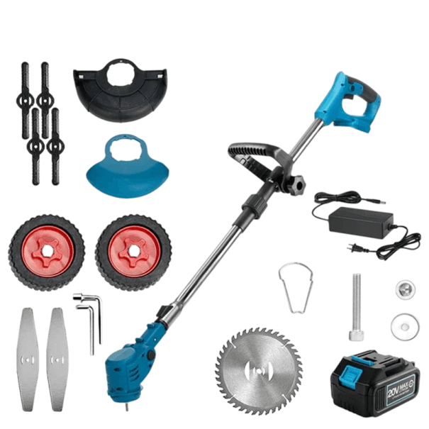 Akku-Rasenmäher 21V mit Teleskopstange 100–135 cm Anti-Rutsch-Griff 10000 U/min 1 Akku Sägeblatt Räder