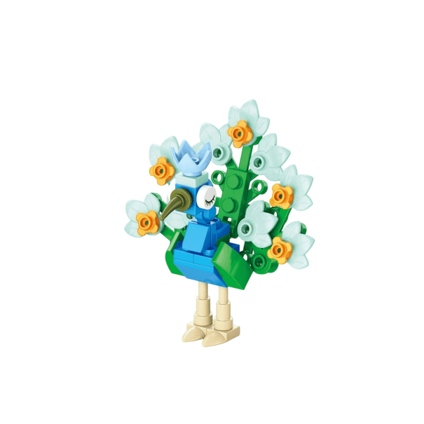 Bausatz 7,6 x 7,5 x 6 cm 40 Teile Blauer Pfau mit Blumenfeder Schwanz Bunte Mini-Figur für kreatives Bauen Dekoration aus Bausteinen