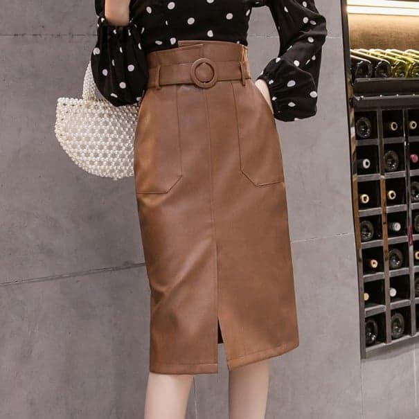Damen-Lederrock mit Schlitz A1013 braun XS