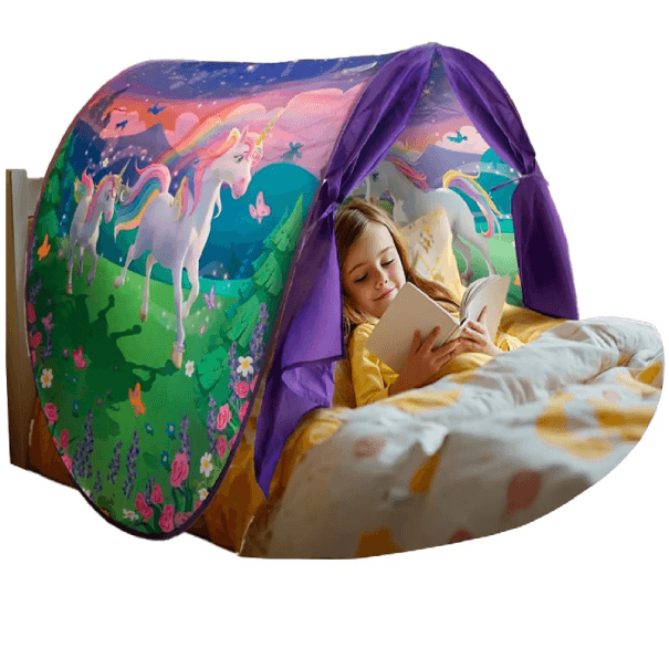 Faltbares Kinderbettzelt 220 x 80 cm Weiches hängendes Häuschen mit Einhornmuster Magische Leseecke für ruhiges Einschlafen