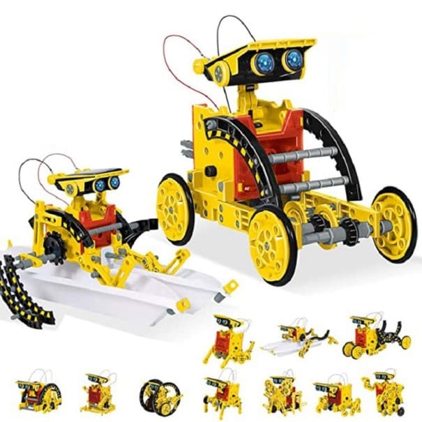 Gelber Roboter-Bausatz mit Solarpanel, pädagogisches bewegliches Roboterspielzeug für Kinder, solarbetriebener gelber Roboter, 12 Variationen,